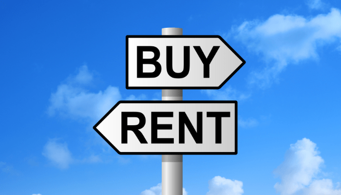 alt="A sign that says buy and rent with arrows pointing in different directions."