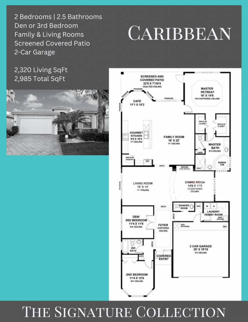 alt= "Caribbean floor plan in Valencia Palms with family and living rooms."