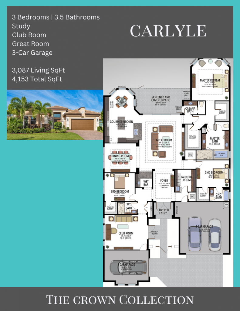 alt= "Carlyle floor plan in Valencia Bay with 3 bedrooms and 3.3 baths."