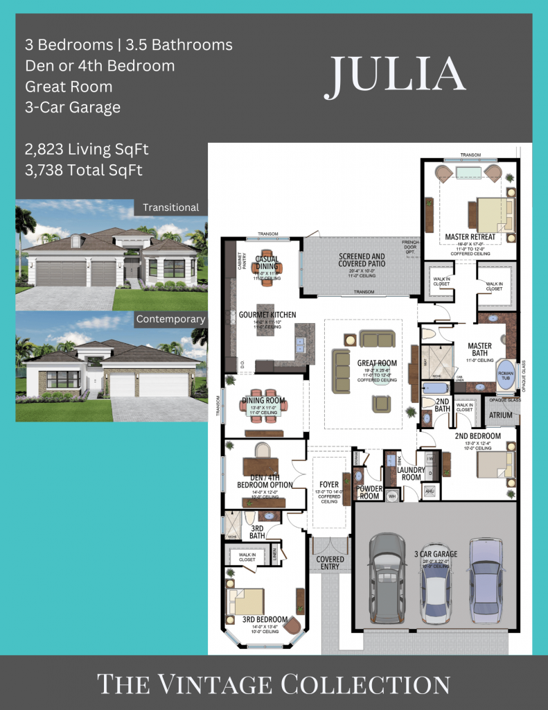 alt= "Julia floor plan in Valencia Grand with a 3-car garage."