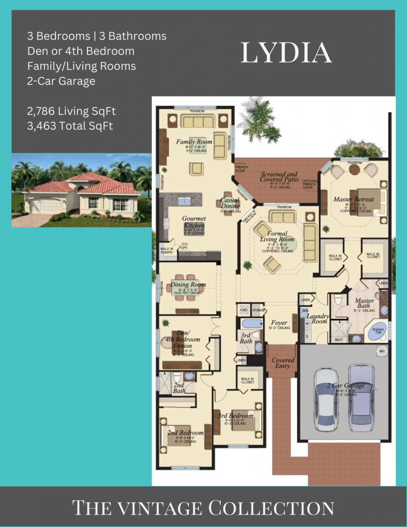 alt= "Lydia floor plan in Valencia Cove with a covered screened patio."