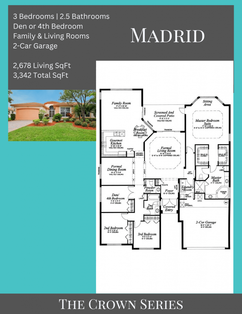 alt= "Madrid floor plan in Valencia Shores with family and living rooms."