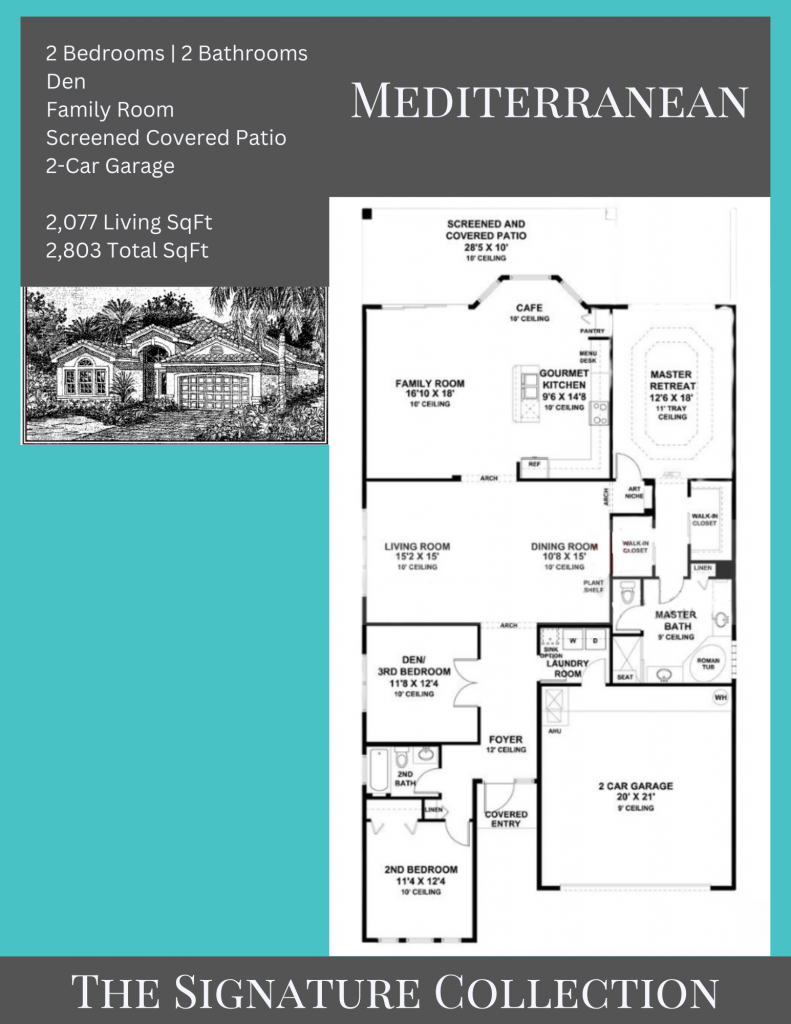 alt= "Mediterranean floor plan in Valencia Palms with a 2-car garage."