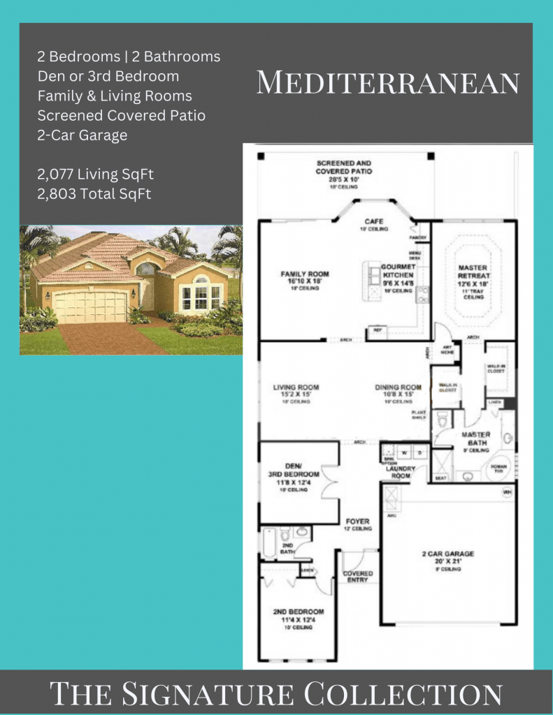 alt= "Mediterranean floor plan in Valencia Pointe with family and living rooms."