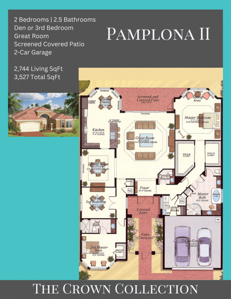 alt= "Pamplona floor plan in Valencia Pointe with 2 primary bedrooms with en-suites."