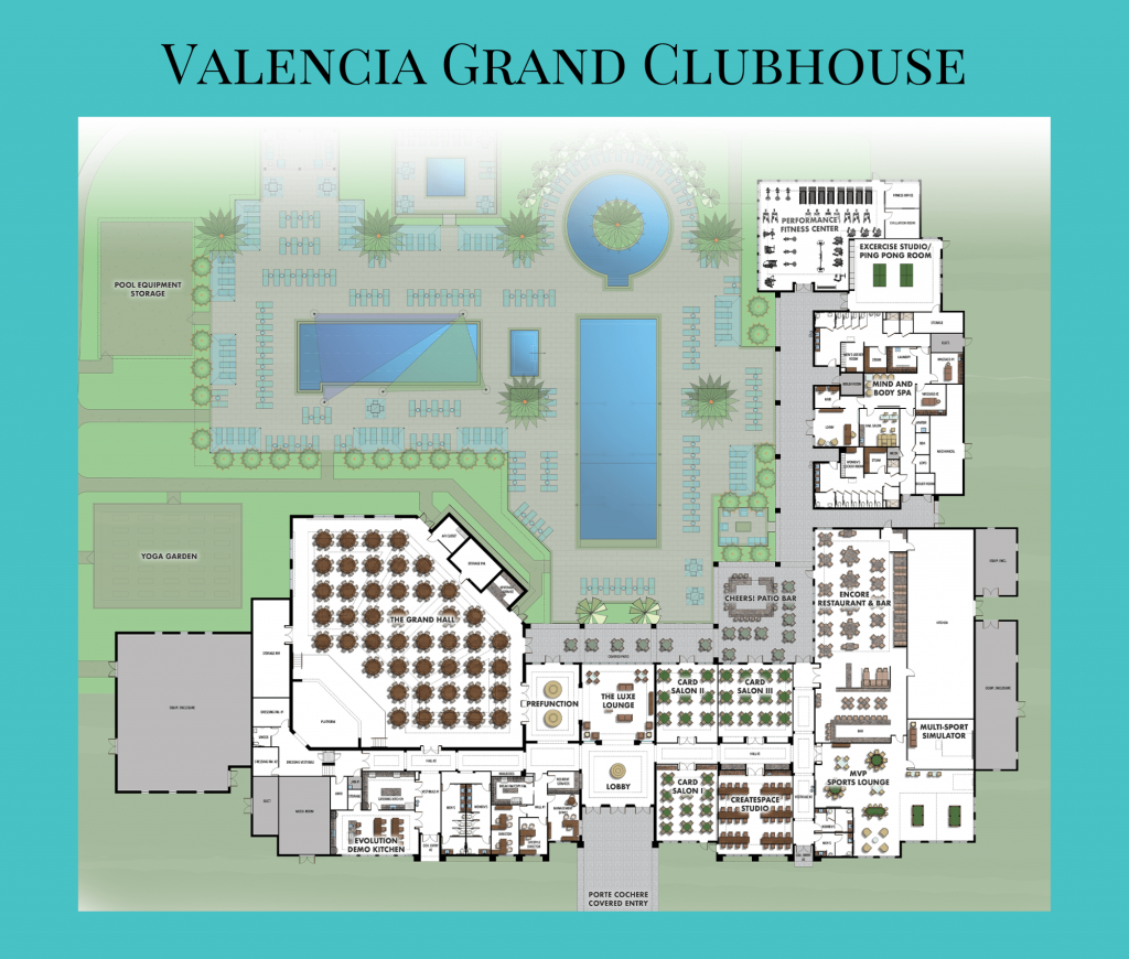 alt= "Valencia Grand Clubhouse floor plan with a grand Hall and Createspace Studio."