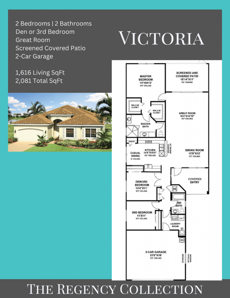 alt= "Victoria floor plan in Valencia Pointe with two bedrooms and a den."