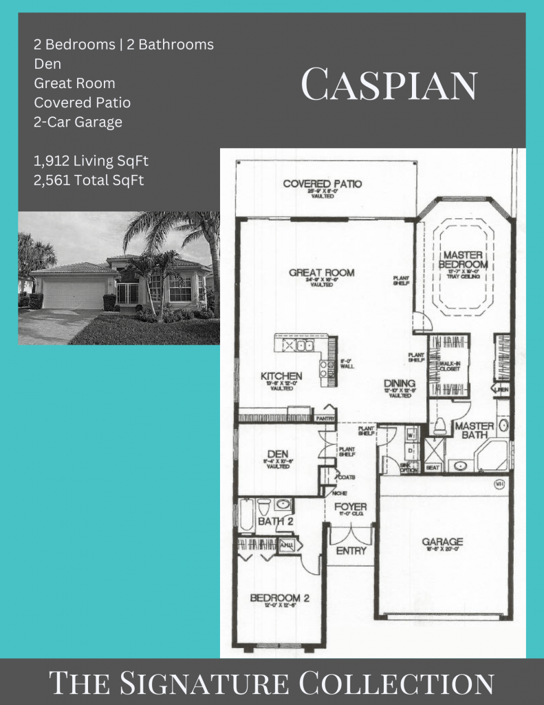 alt= "Caspian floor plan in Valencia Falls with 2 bedrooms plus a den."