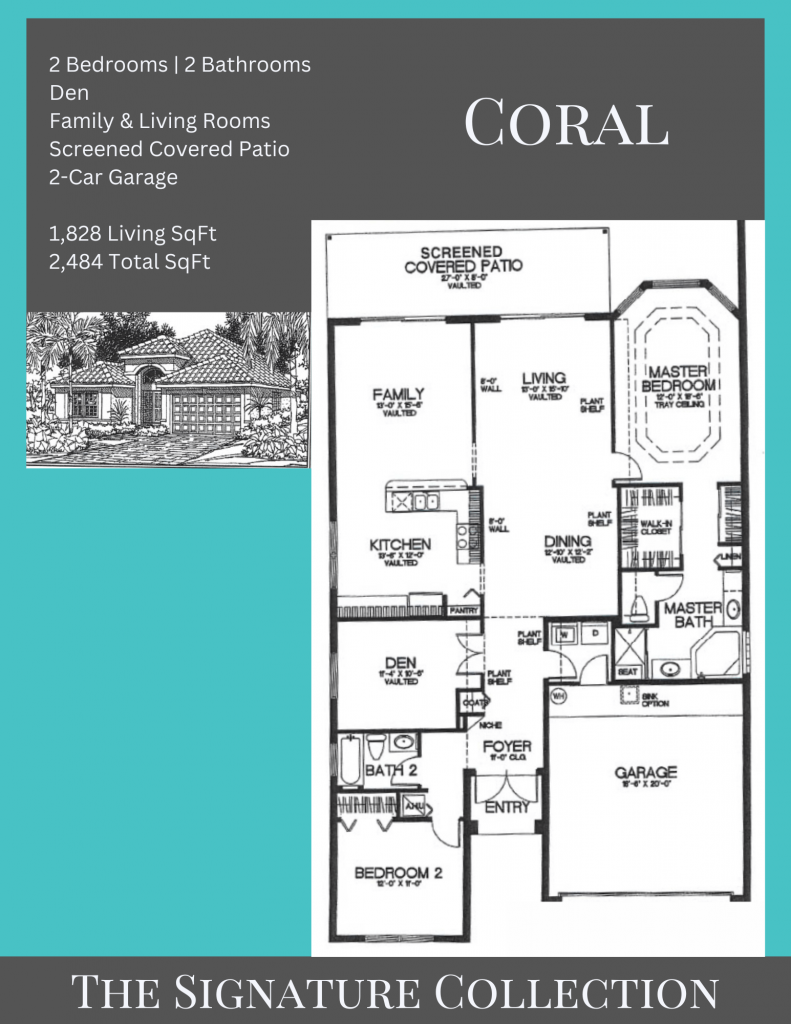 alt= Coral floor plan in Valencia Lakes with family and living rooms."