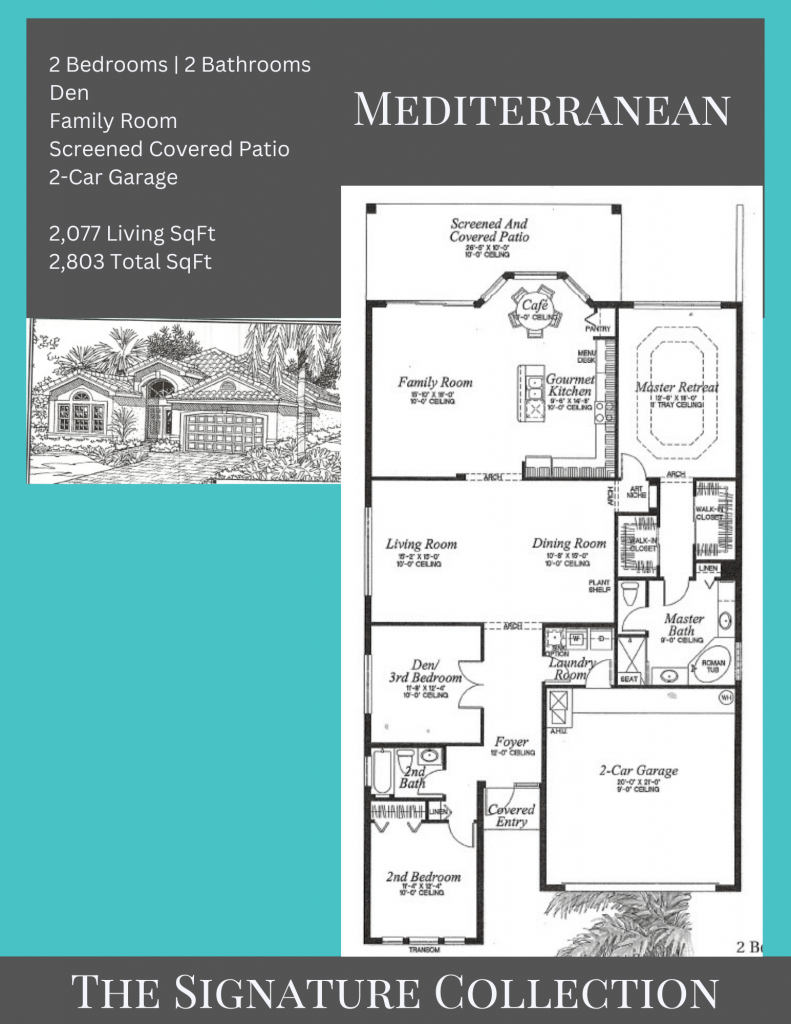 alt= "Mediterranean floor plan in Valencia Lakes with approximately 2,077 living square feet."