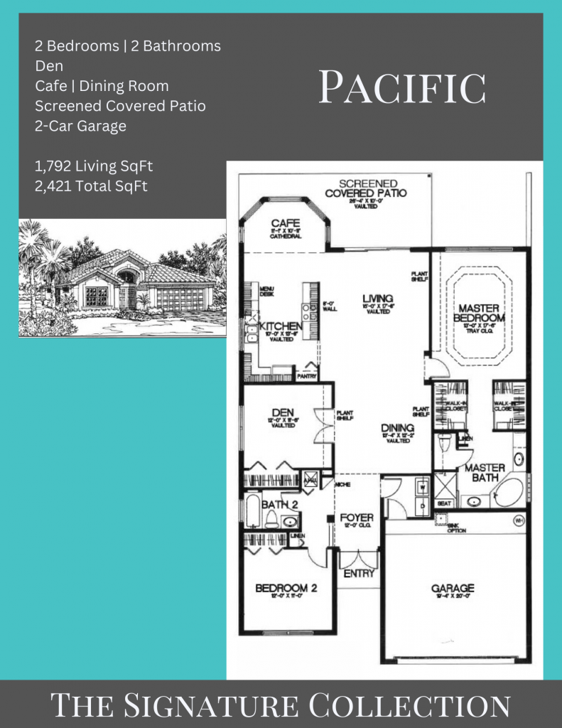 alt= "Pacific floor plan in Valencia Lakes with a café and dining room."