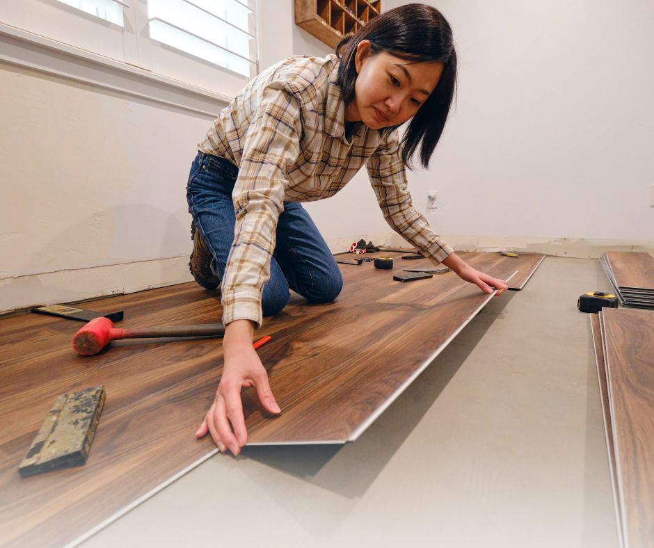 Asian woman lays tongue and groove laminate flooring in home.